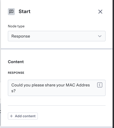 Response node configuration panel showing content, routing, and advanced settings sections