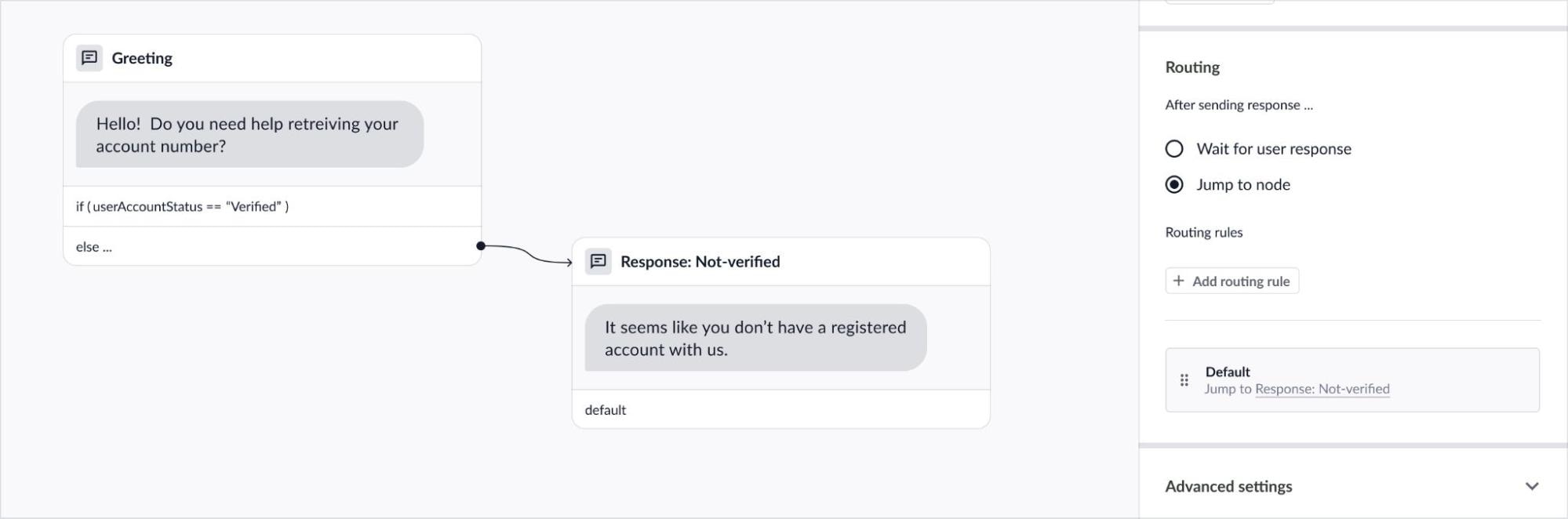 Jump to node routing configuration showing destination selection