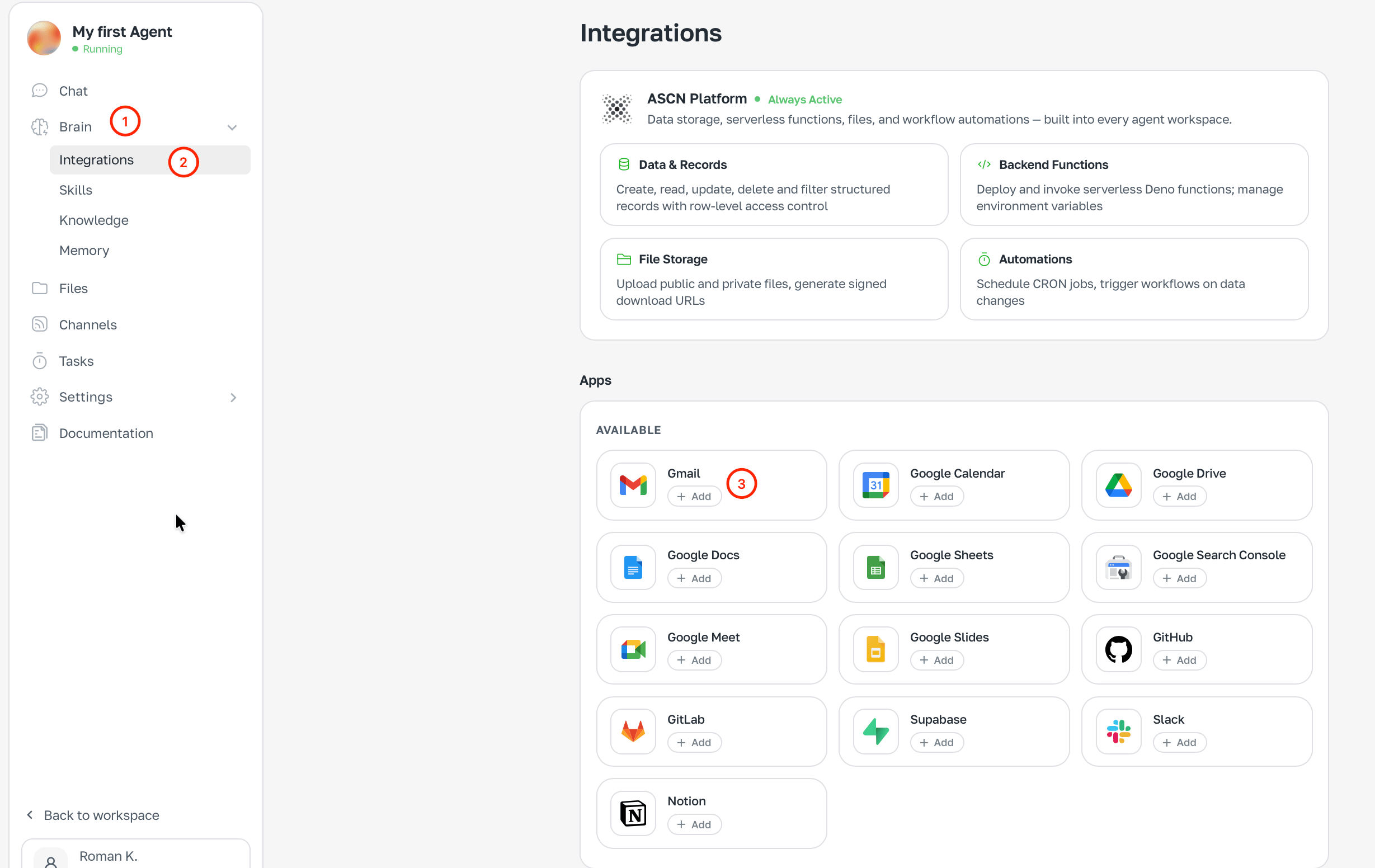 Cerebro → Integraciones con botones «+ Añadir»