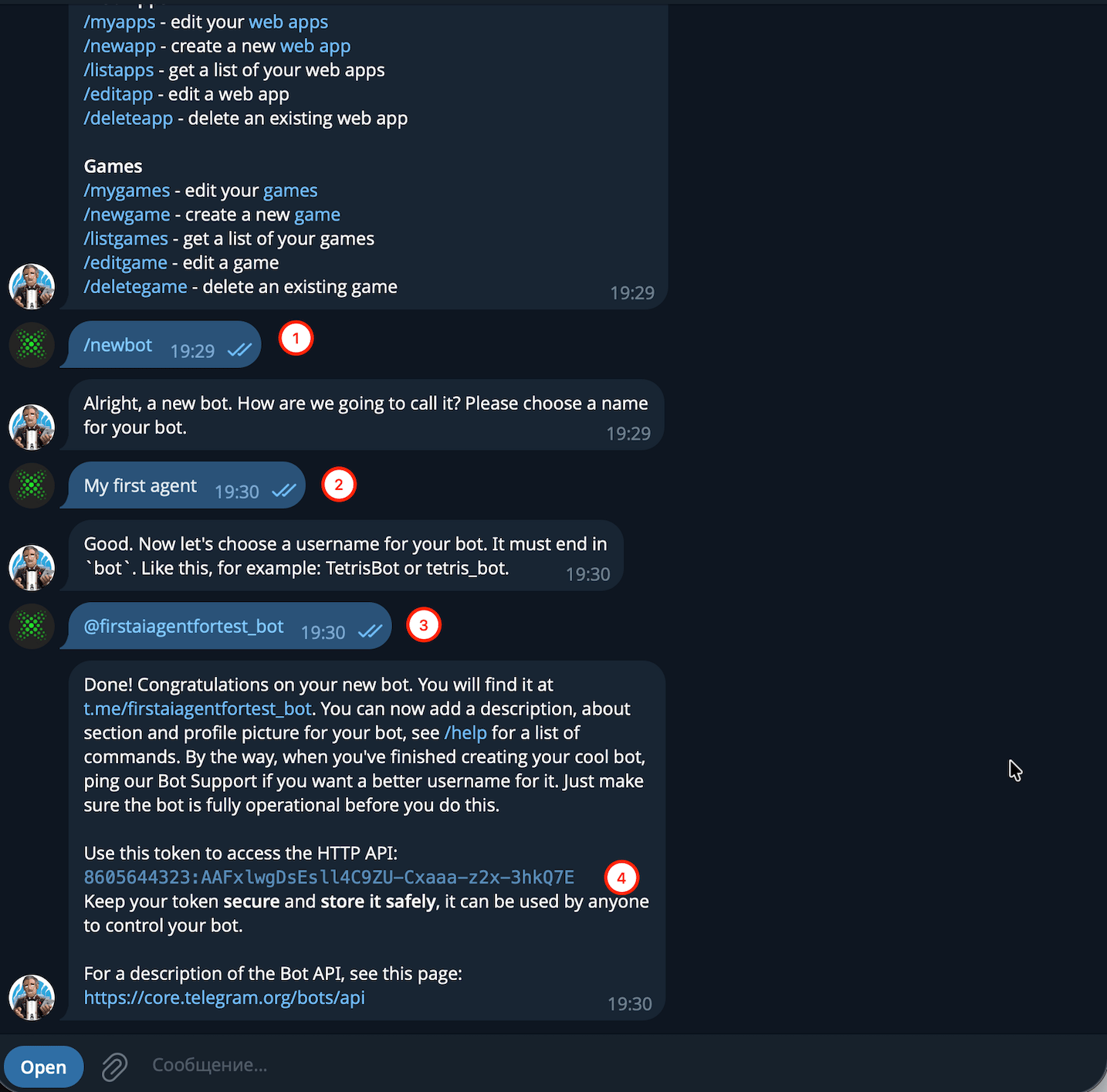 Diálogo de BotFather — /newbot, nombre, usuario, token