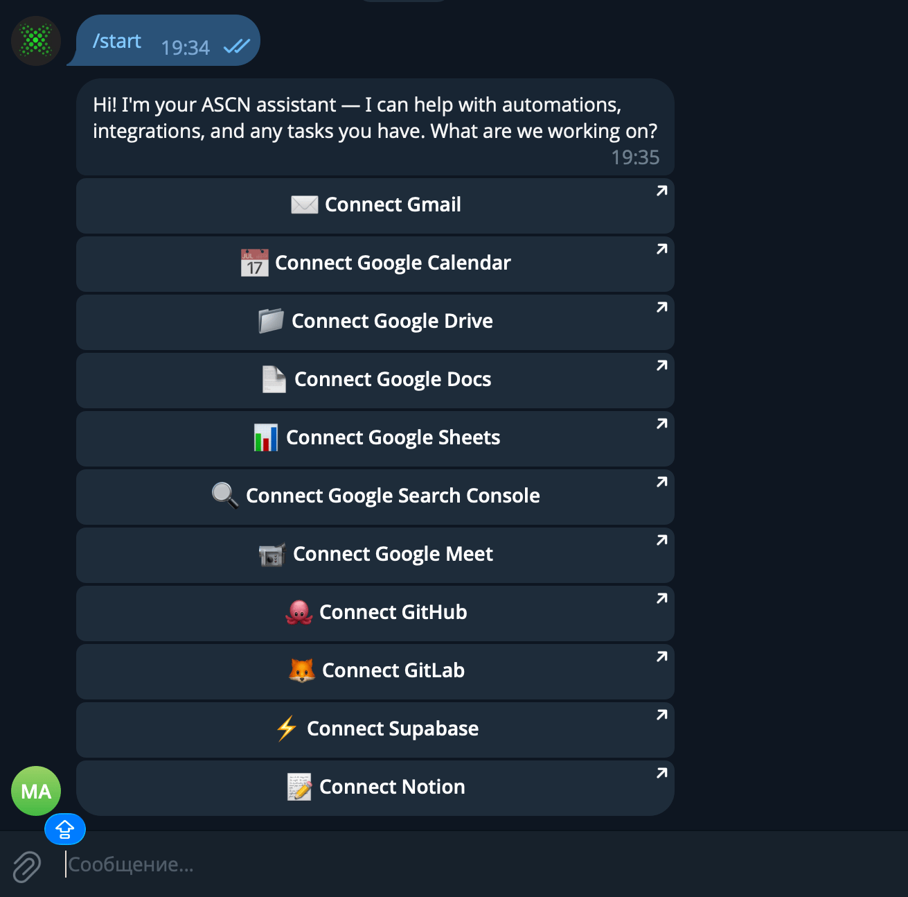 Bot en Telegram tras /start