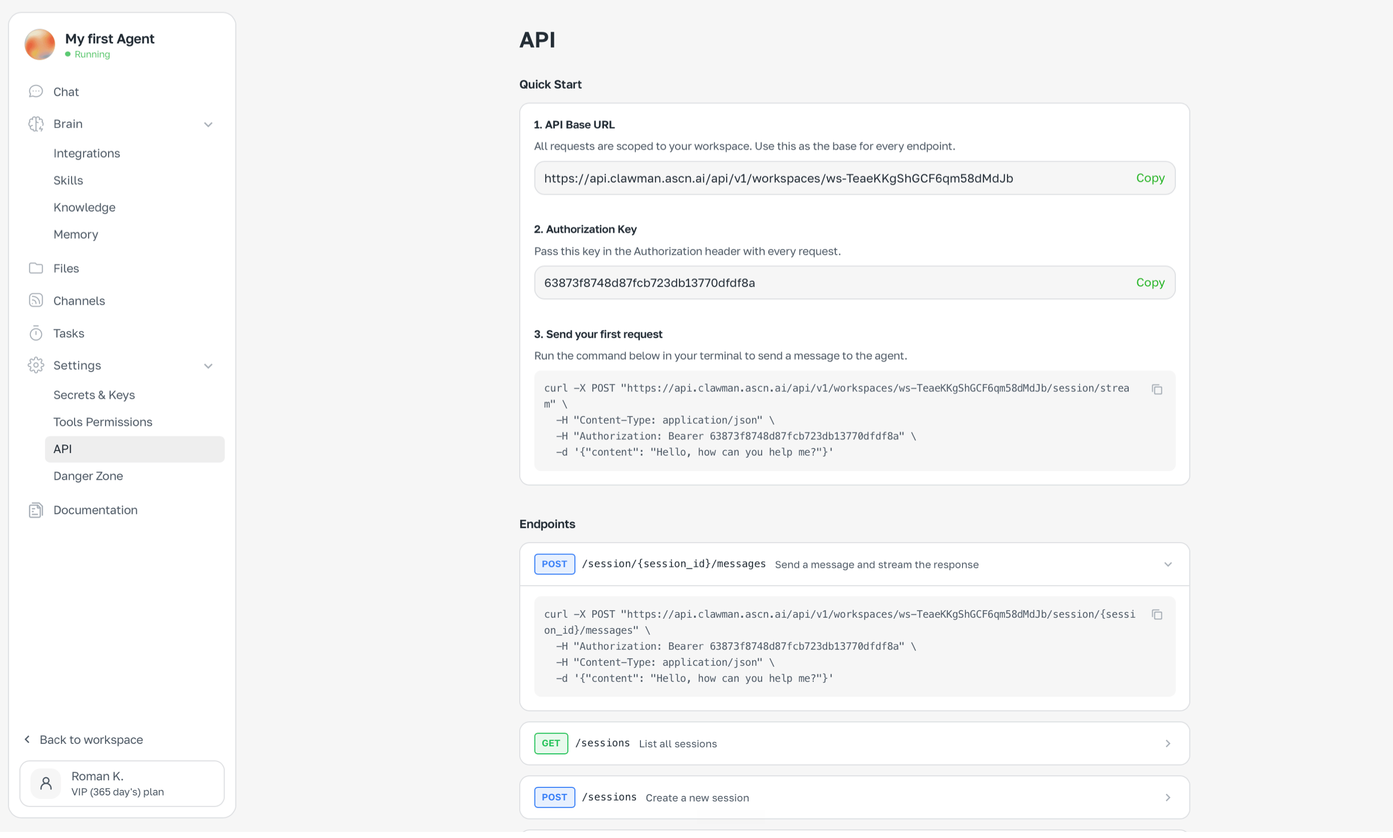 Settings → API — Base URL, auth key and example