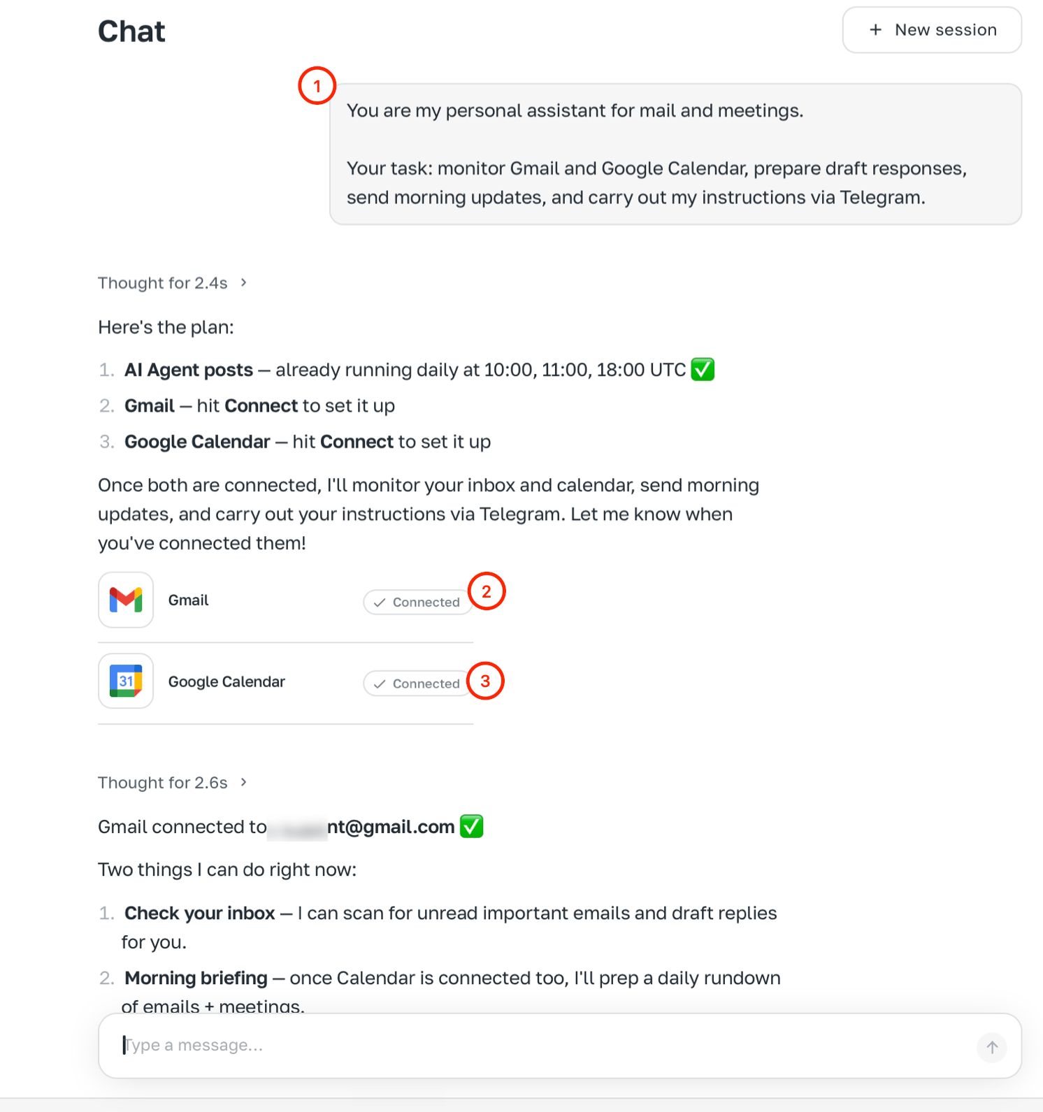Chat with task description — agent suggests Gmail, Calendar, Telegram