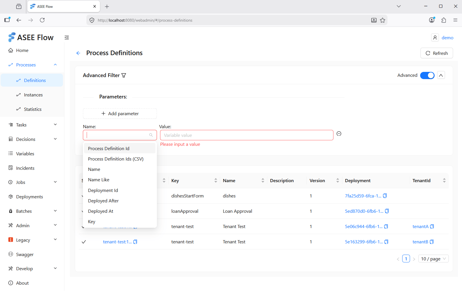 WebAdmin process definitions — advanced filter