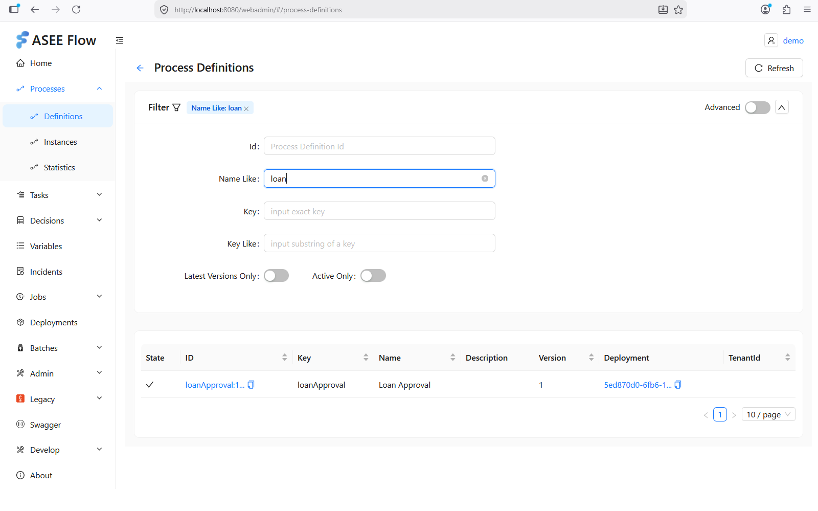 WebAdmin process definitions — basic filter