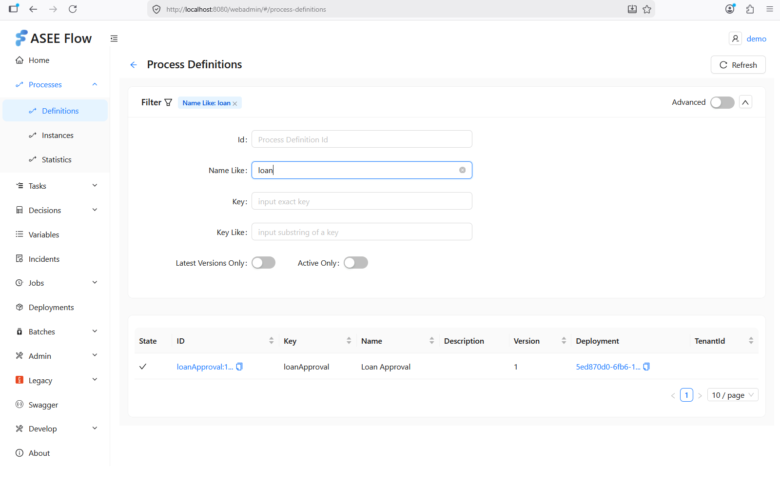 WebAdmin process definitions — basic filter