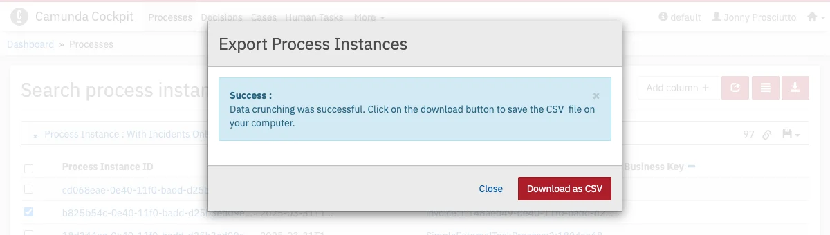 CSV Export for Process Instances: Modal Dialog – Download as CSV