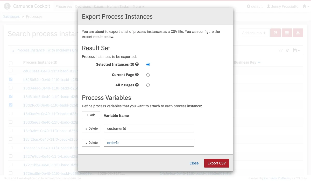 CSV Export for Process Instances: Modal Dialog
