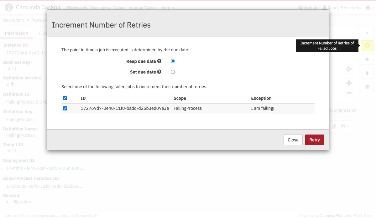 Process instance job retry