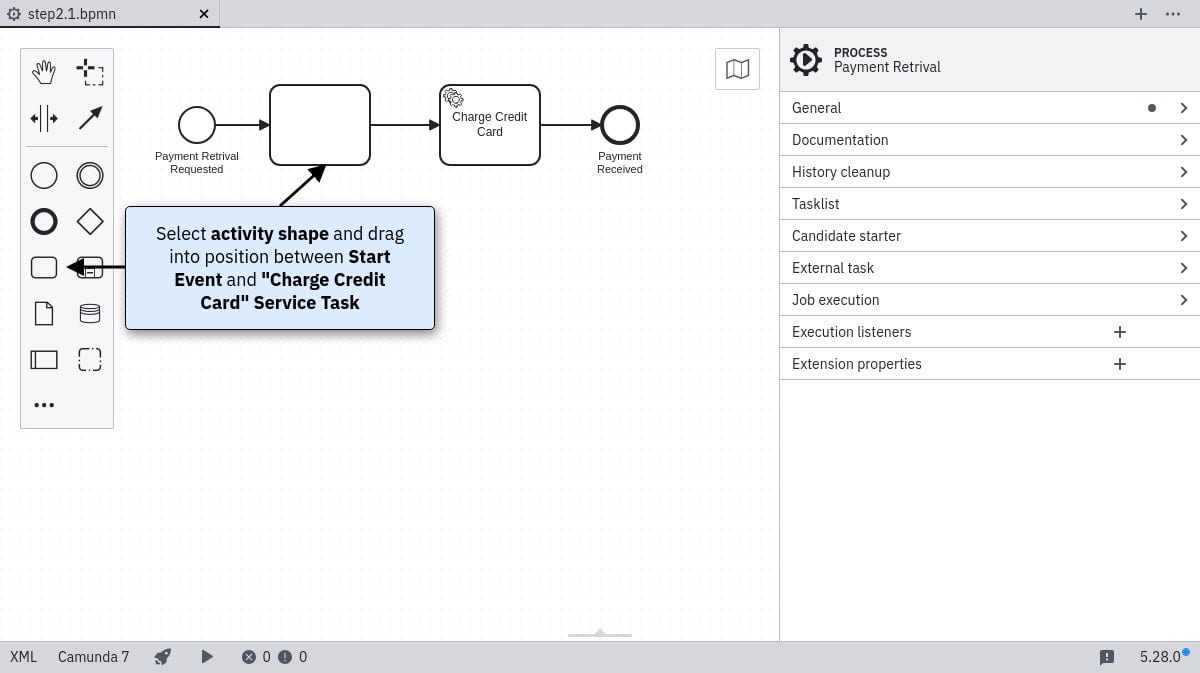 Add an activity between the start event and the service task