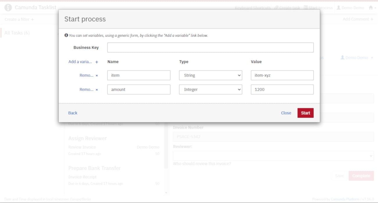 Start instances in Tasklist