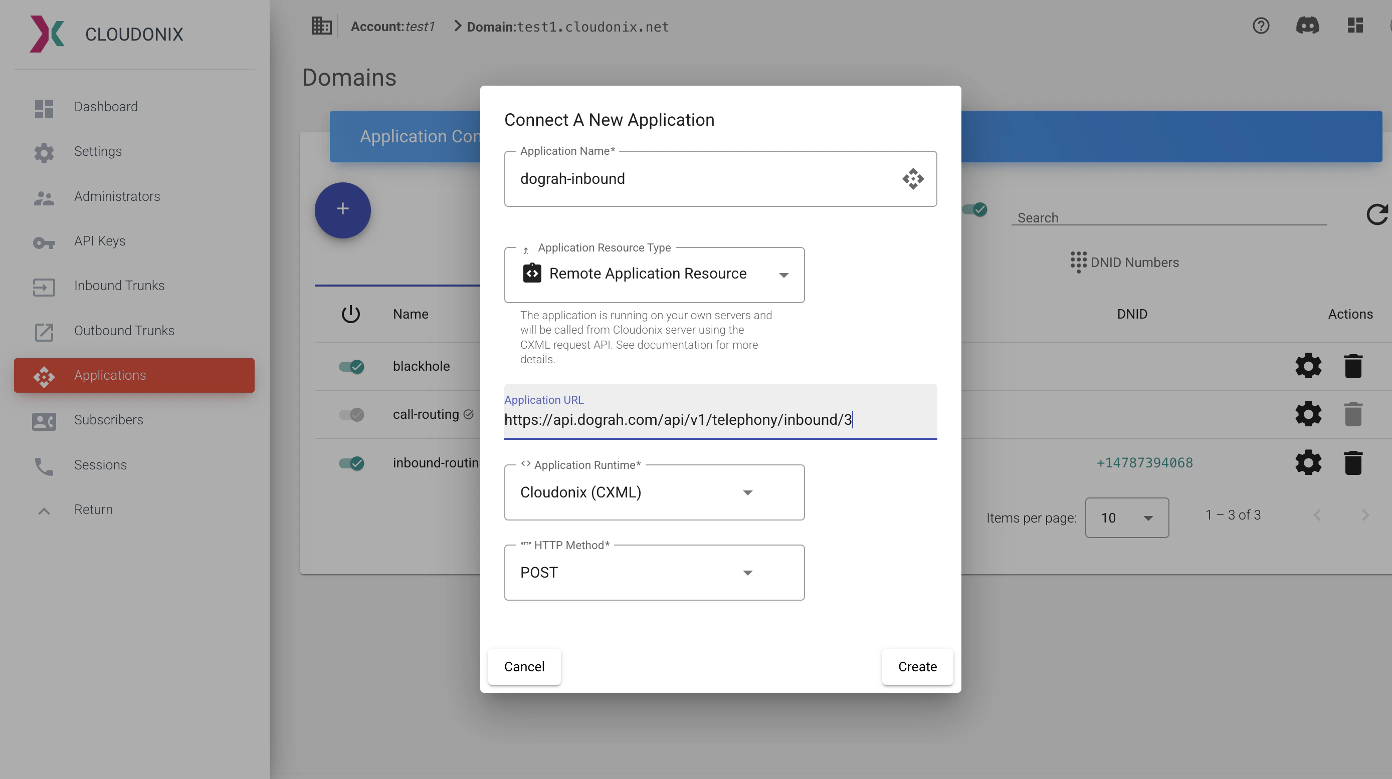 Cloudonix application showing webhook URL configuration