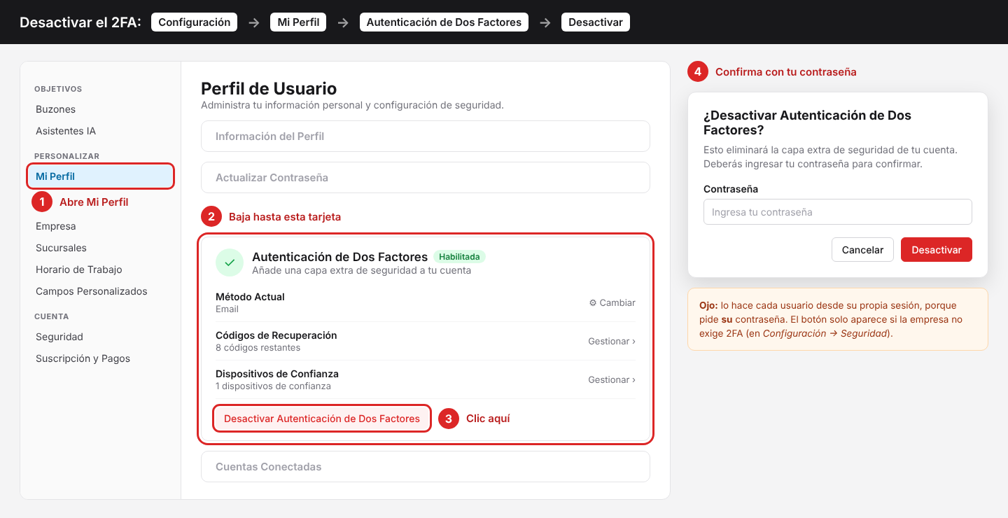 Ubicación del botón para desactivar la autenticación de dos factores en Mi Perfil