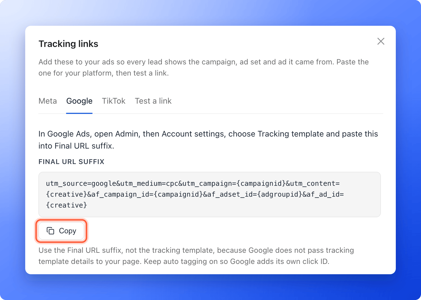 The Tracking links panel on the Google tab, with the Final URL suffix text and the Copy button highlighted