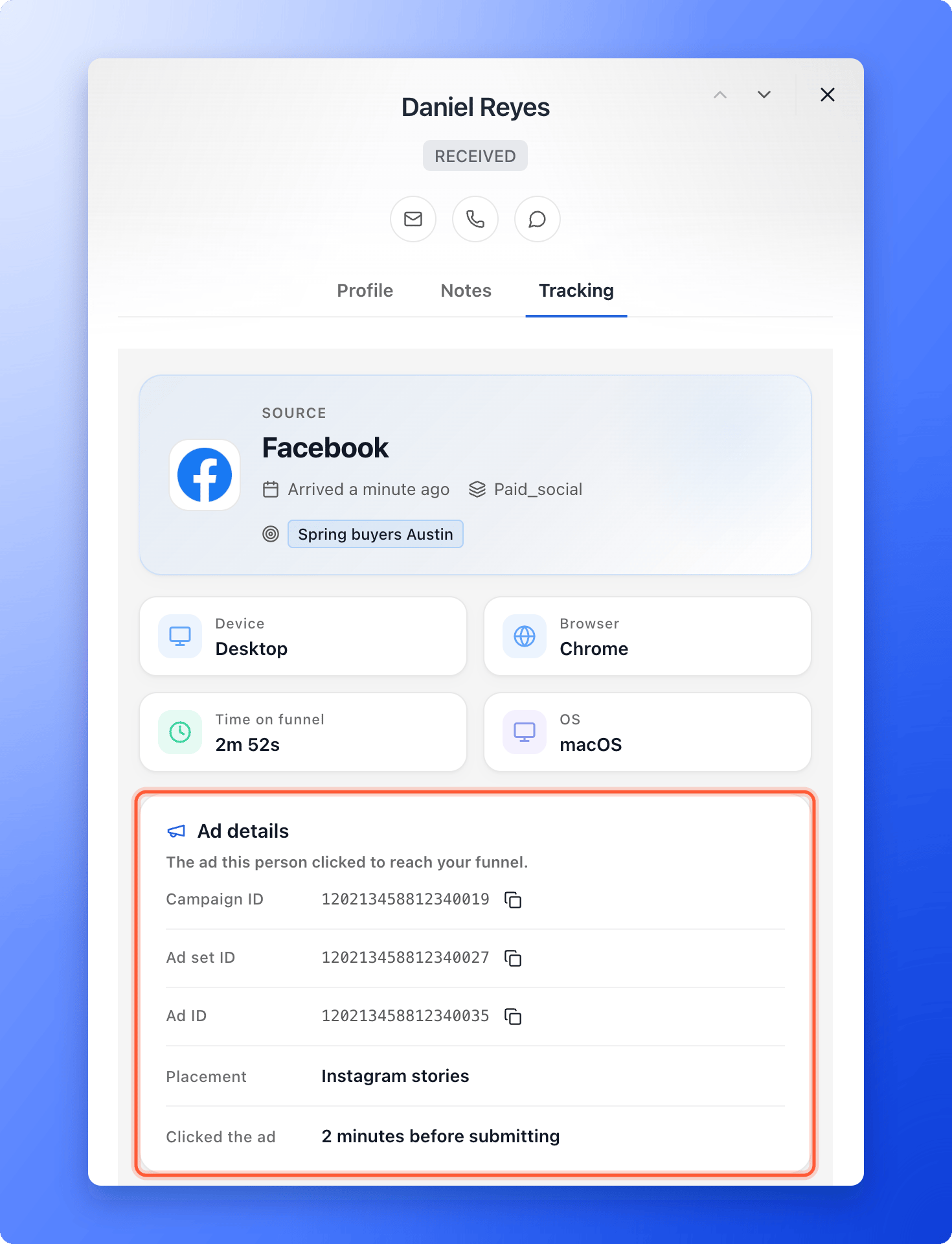 A lead's Tracking tab with the Source card showing Facebook and the campaign Spring buyers Austin, and the Ad details card highlighted with the campaign, ad set and ad IDs, the placement Instagram stories and the time the person clicked