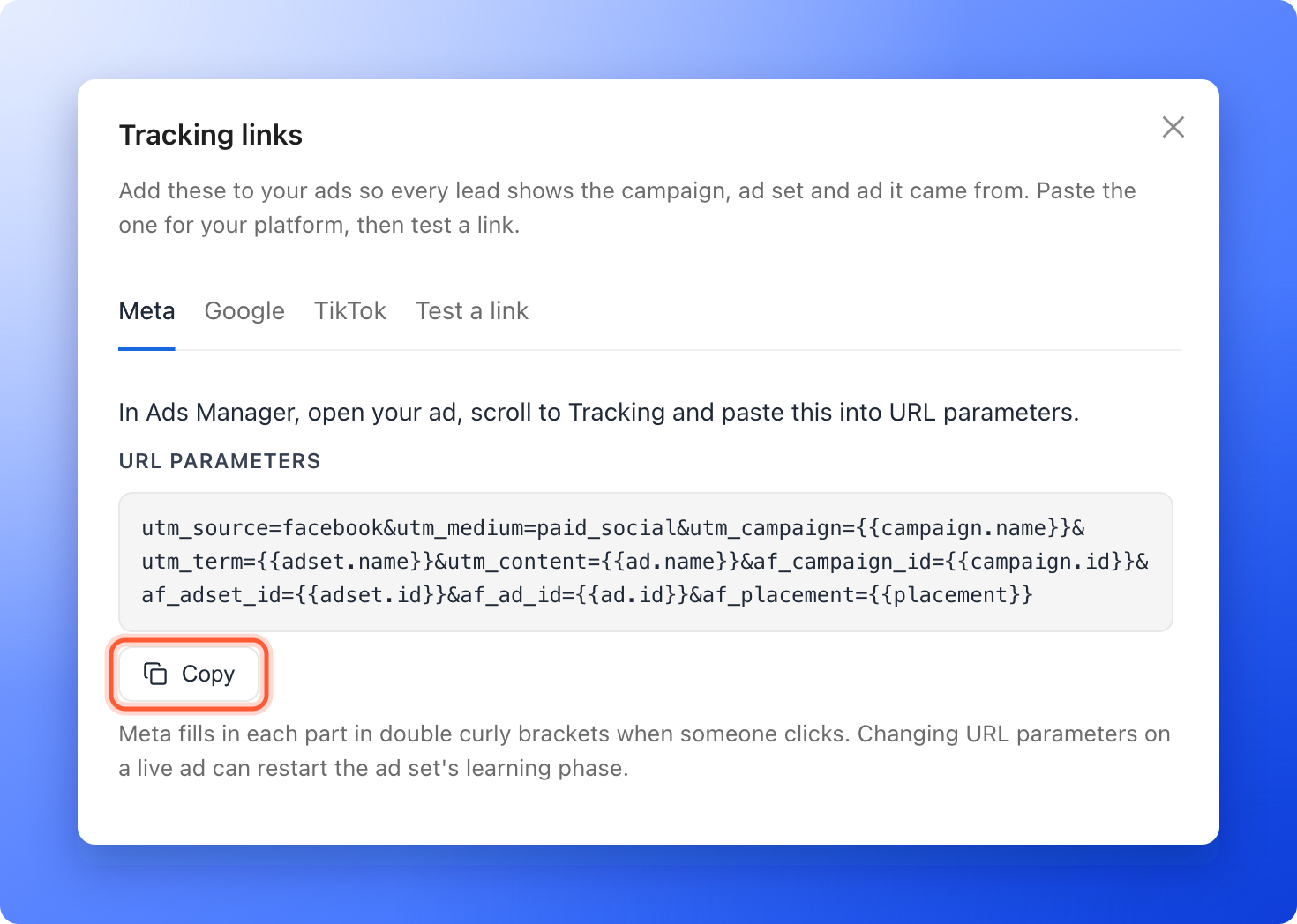 The Tracking links panel on the Meta tab, with the URL parameters text and the Copy button highlighted