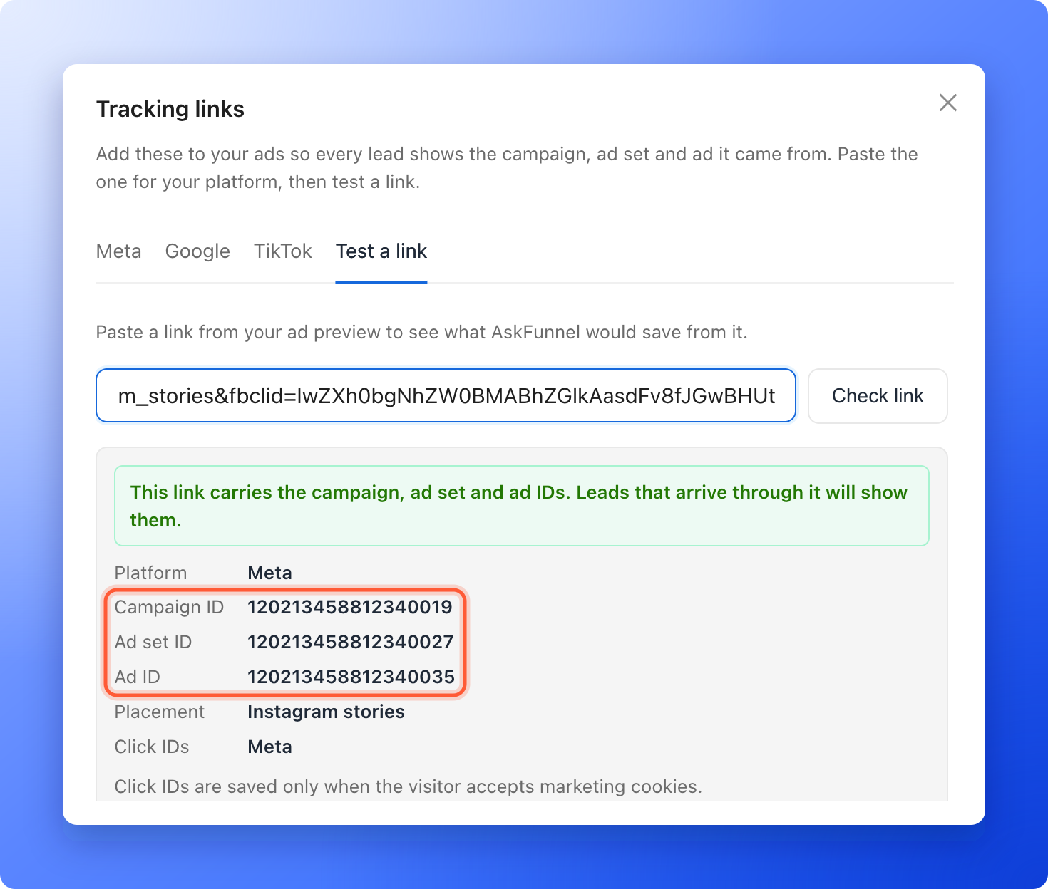 The Test a link tab with a checked Facebook ad link: a green message, the platform Meta, the campaign, ad set and ad IDs and the placement