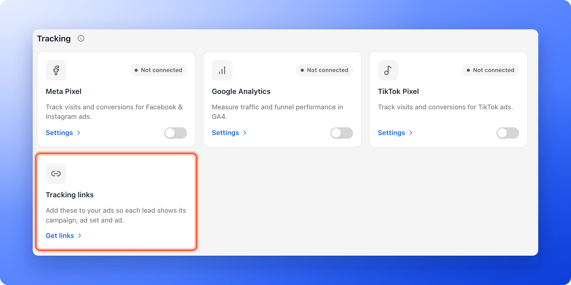 The Tracking group in Funnel Settings, Integrations, with the Tracking links card and its Get links button highlighted