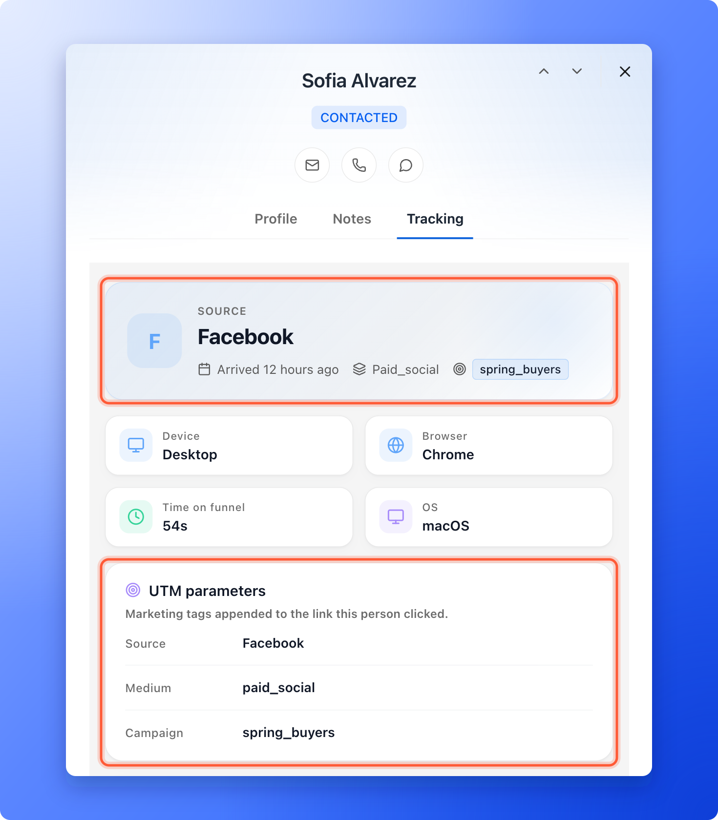A lead's Tracking tab with the Source card showing Facebook, paid_social and the campaign spring_buyers, and the UTM parameters card listing Source, Medium and Campaign, both highlighted