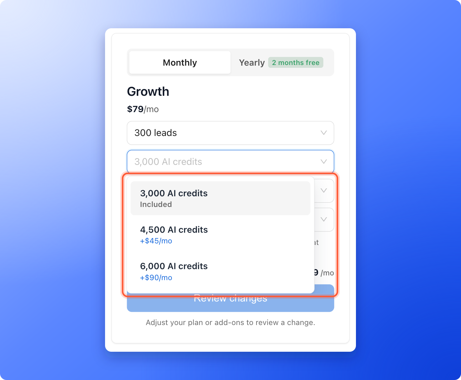 The plan page with the AI credits drop-down list open, showing 3,000 AI credits as Included and larger amounts with their extra monthly price, highlighted