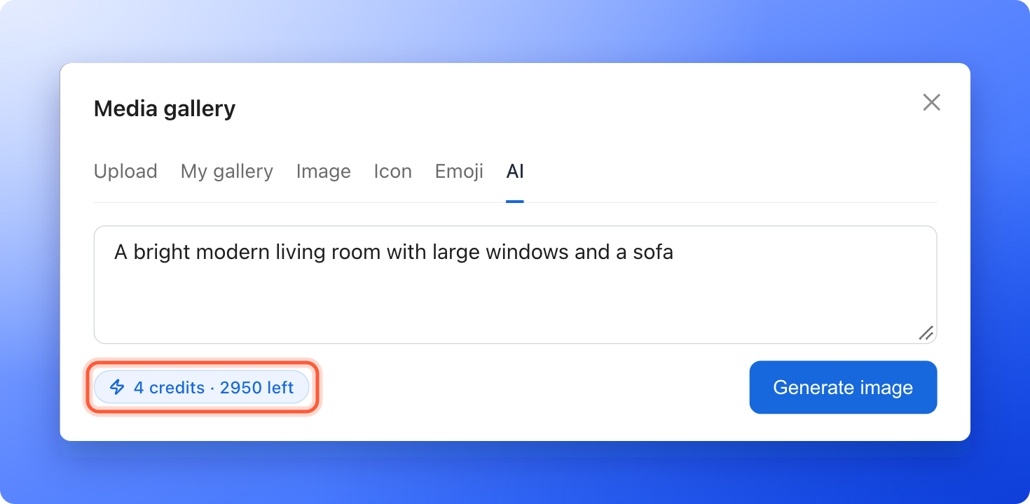 The AI tab of the image window with a prompt typed in and the chip that shows 4 credits and 2950 left, highlighted next to the Generate image button