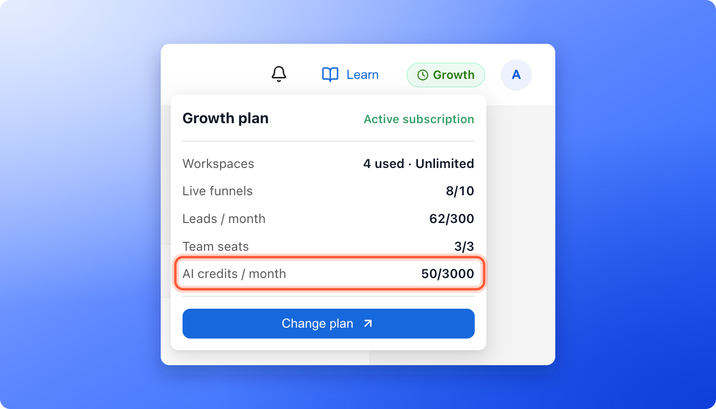 The plan badge menu open on the Growth plan with the AI credits / month row highlighted, showing 50 used of 3000