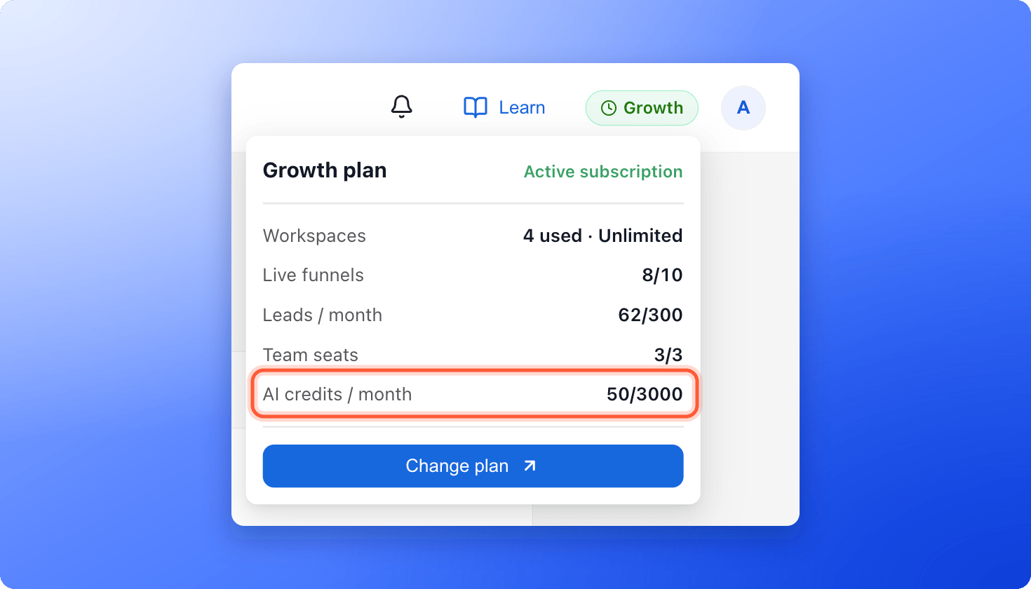 The plan badge menu open on the Growth plan with the AI credits / month row highlighted, showing 50 used of 3000