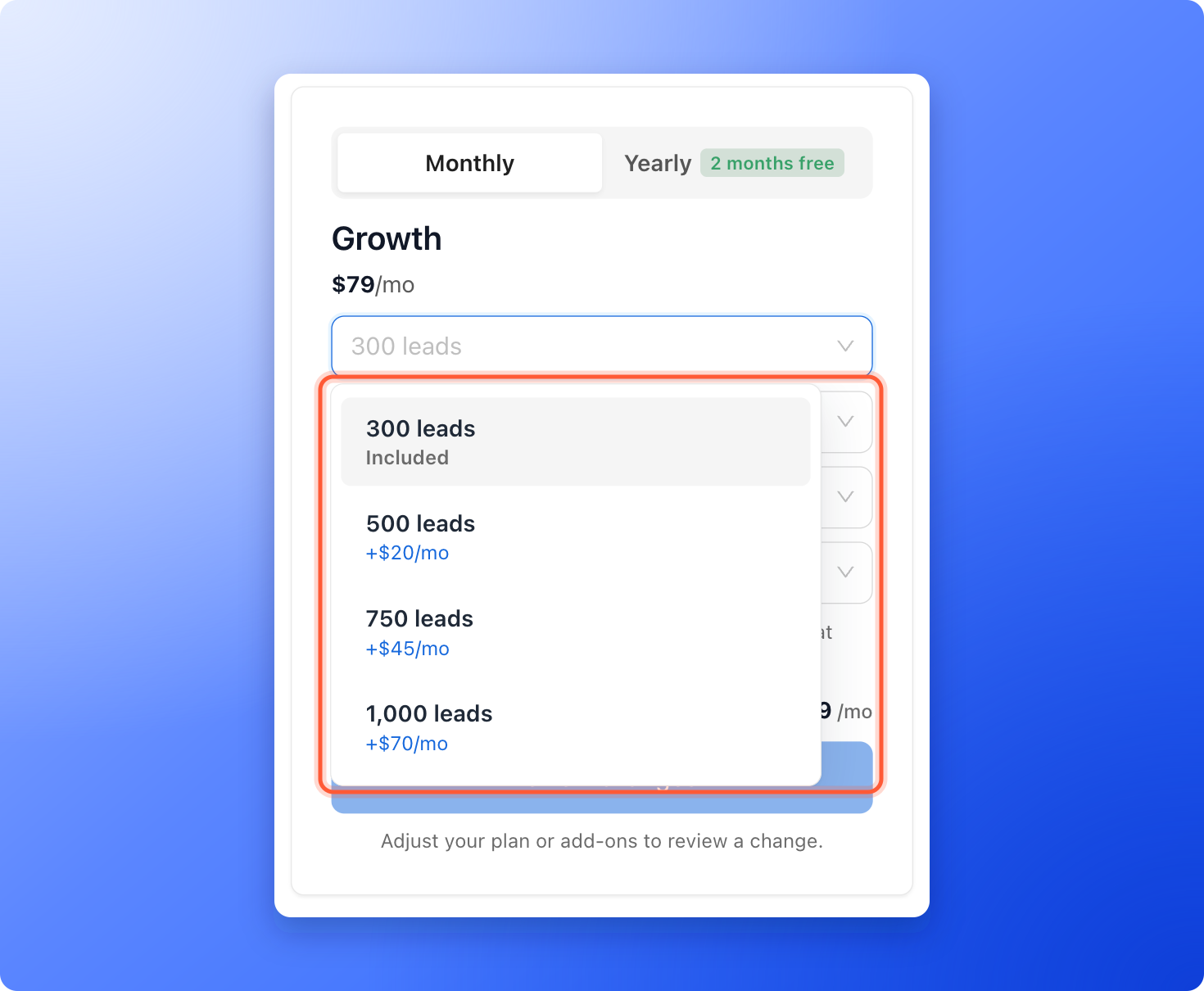 The plan page with the Leads drop-down list open, showing 300 leads as Included and larger amounts with their extra monthly price, highlighted