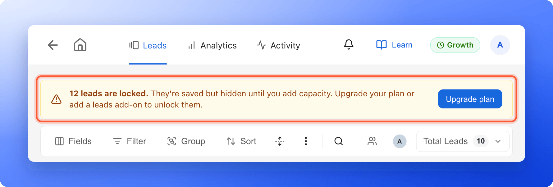 The Leads tab with the warning banner that says 12 leads are locked and the Upgrade plan button, highlighted