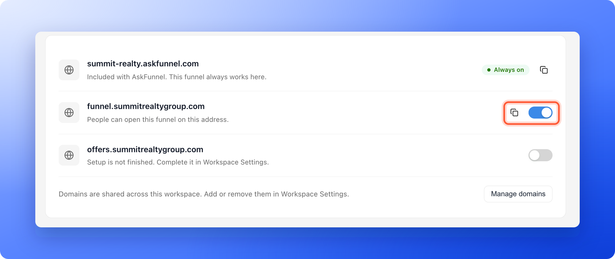 The Domains settings of a funnel with the always on row summit-realty.askfunnel.com, and the row funnel.summitrealtygroup.com with its switch turned on, the copy icon next to it and the text People can open this funnel on this address, the switch and the copy icon highlighted