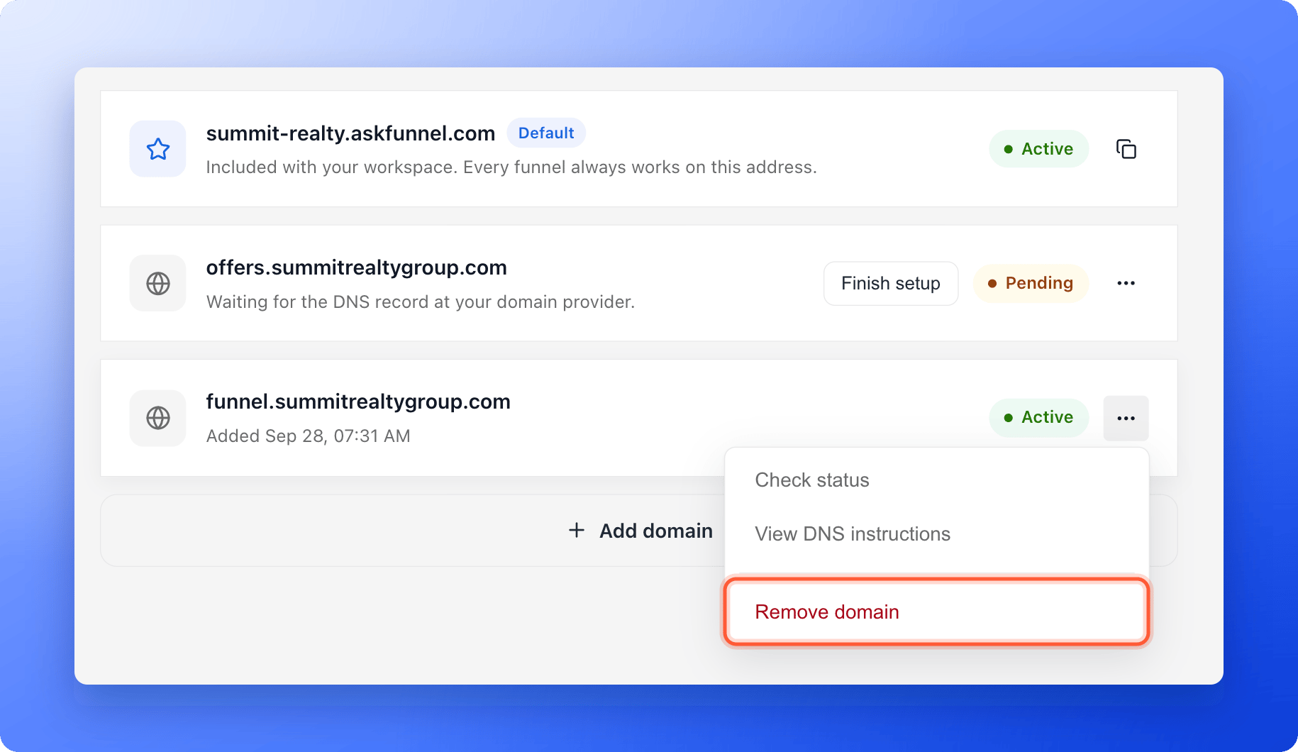 The Domains section of Workspace Settings with the three dots menu of funnel.summitrealtygroup.com open, showing Check status, View DNS instructions and the red Remove domain, which is highlighted