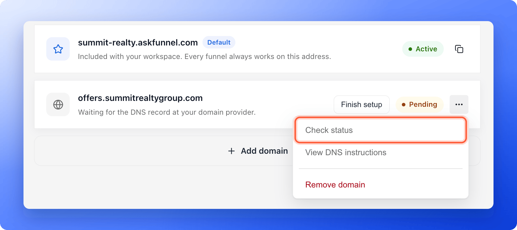 The Domains section of Workspace Settings with the menu open on a Pending domain and the Check status item highlighted