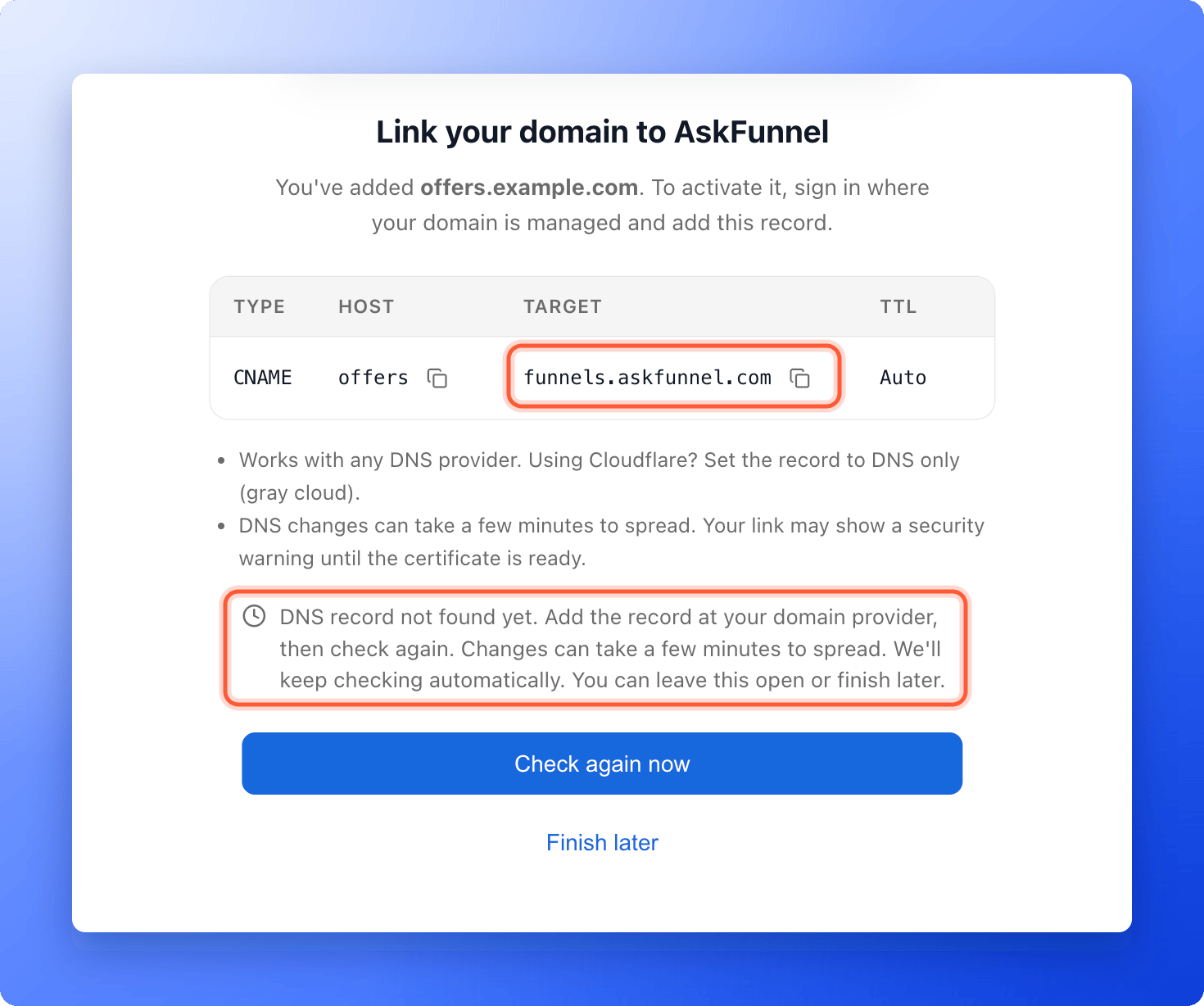 The Link your domain to AskFunnel window with the CNAME record table and the message that says the DNS record was not found yet, with the Target and the message highlighted