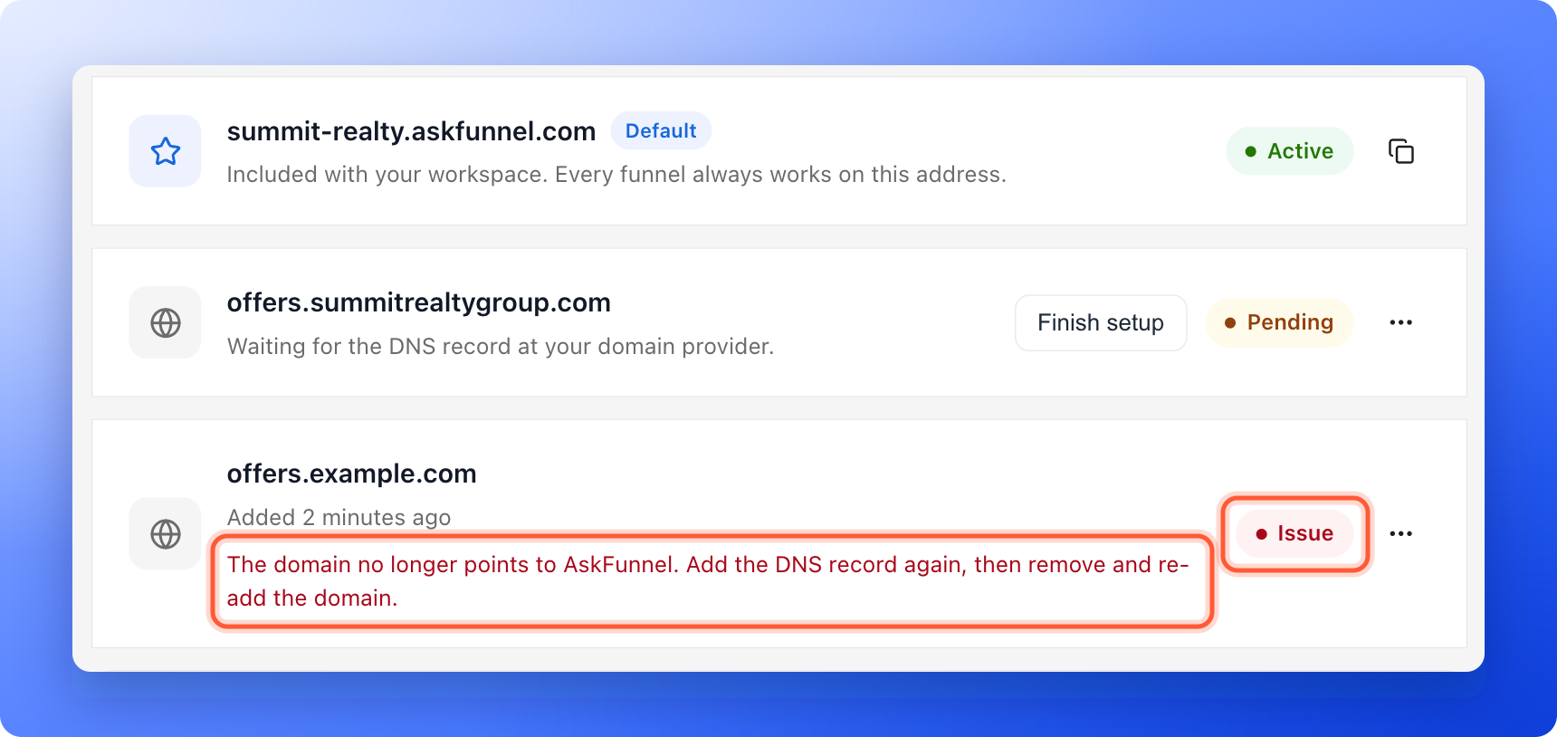 A domain with the red Issue label and the reason written under its name, both highlighted