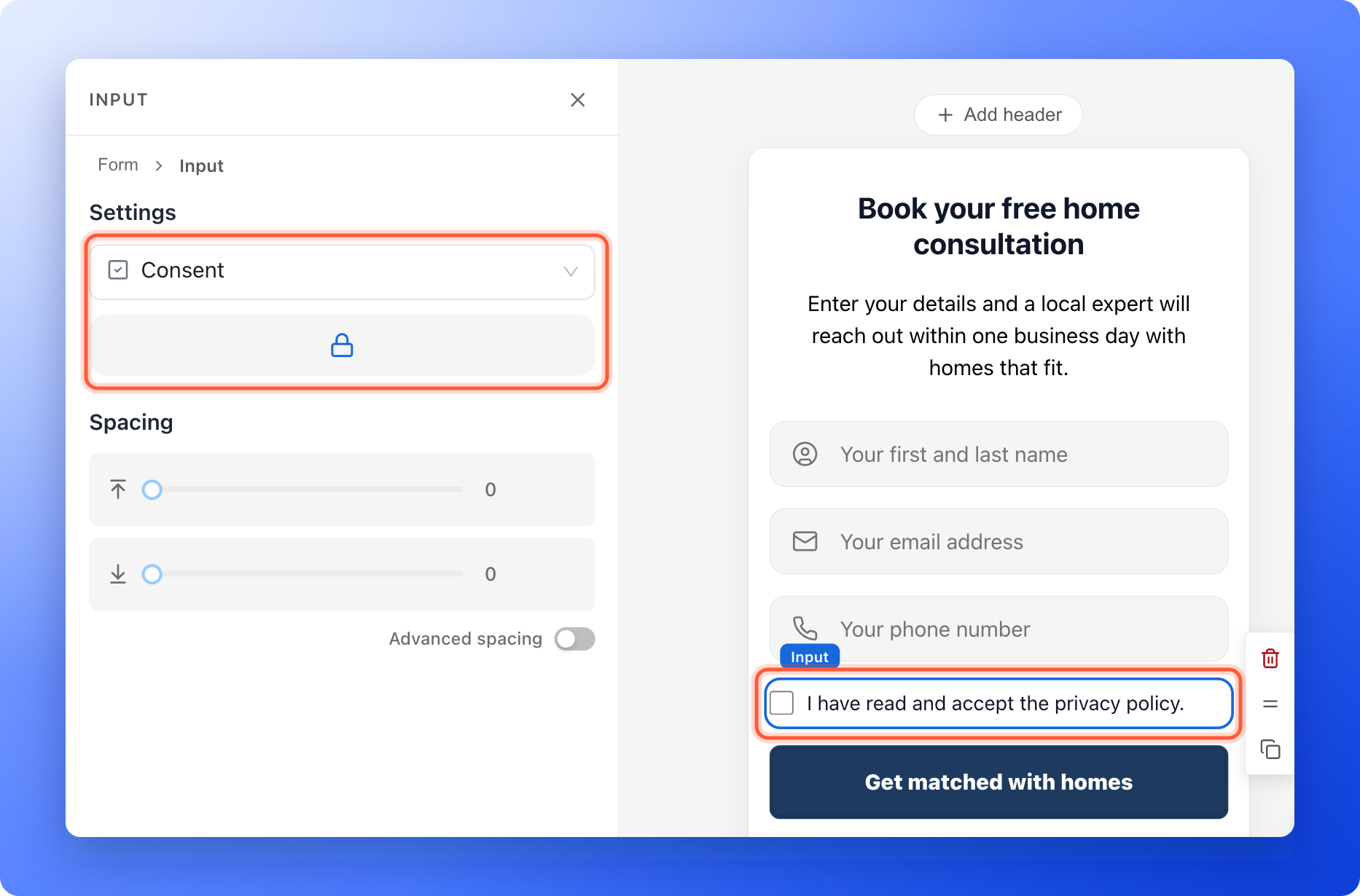 The lead form with the Consent field selected, showing Consent in the field type list, the lock icon that makes it required and the checkbox text on the form, highlighted