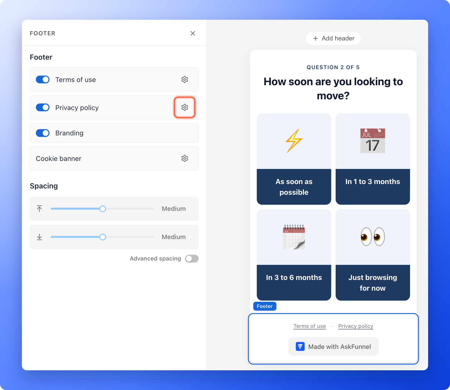 The builder with the footer selected and the left panel listing Terms of use, Privacy policy, Branding and Cookie banner, with the gear next to Privacy policy highlighted