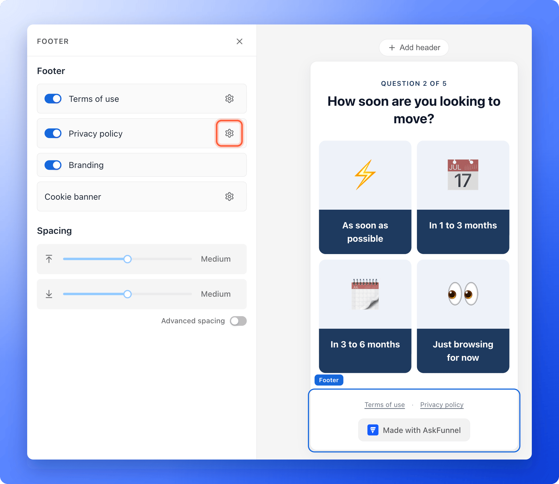 The builder with the footer selected and the left panel listing Terms of use, Privacy policy, Branding and Cookie banner, with the gear next to Privacy policy highlighted