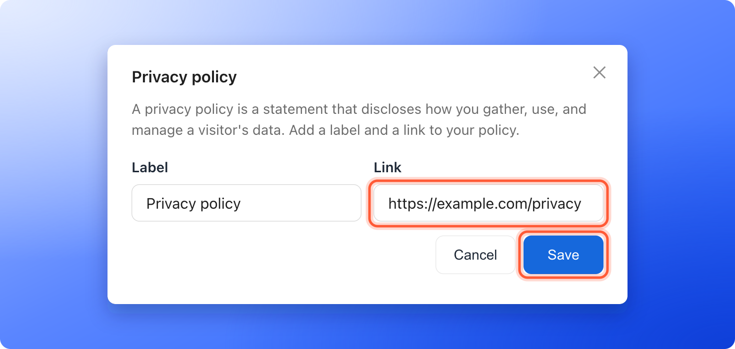 The Privacy policy window with the Label, the Link and the Save button, highlighted