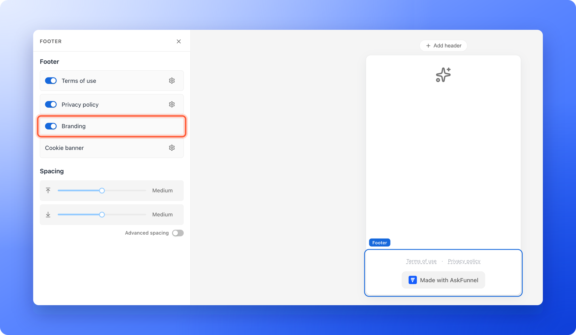 The funnel builder with the footer selected at the bottom of the canvas, showing the Made with AskFunnel line, and the left panel with the Terms of use, Privacy policy, Branding and Cookie banner rows, the Branding row with its switch turned on highlighted