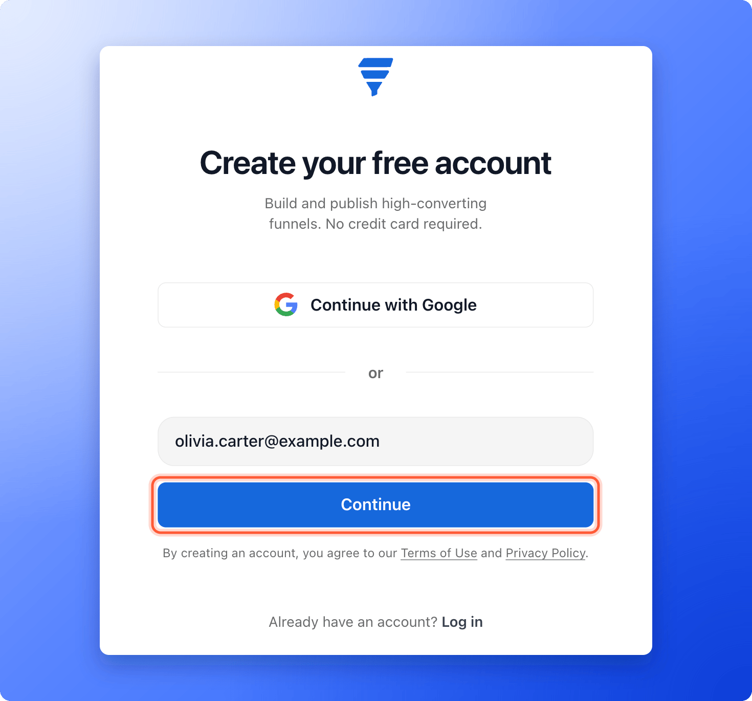 The Create your free account page with an email address entered and the Continue button highlighted
