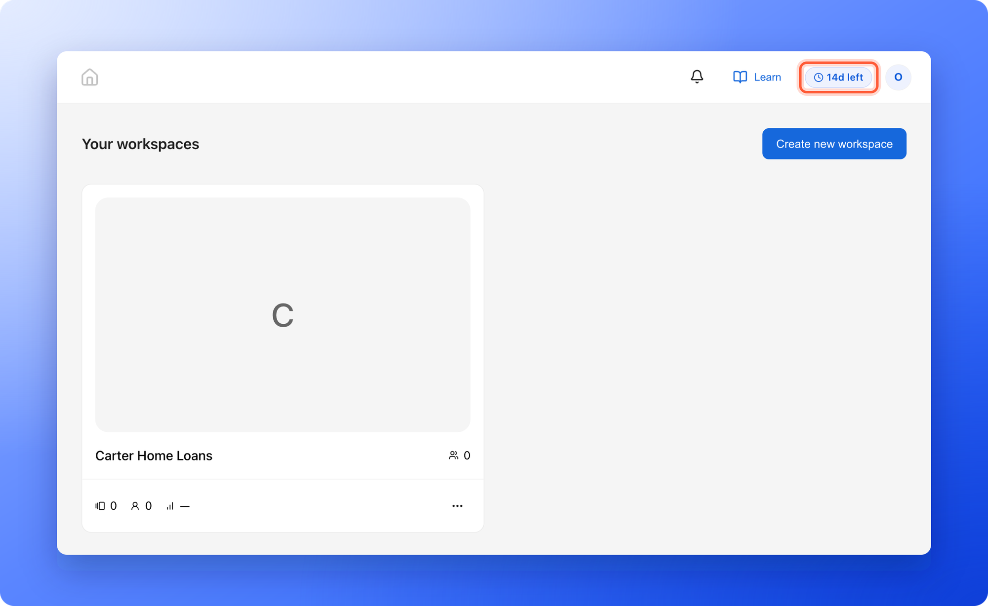 The Your workspaces page right after signing up, with the first workspace and the plan badge showing 14d left
