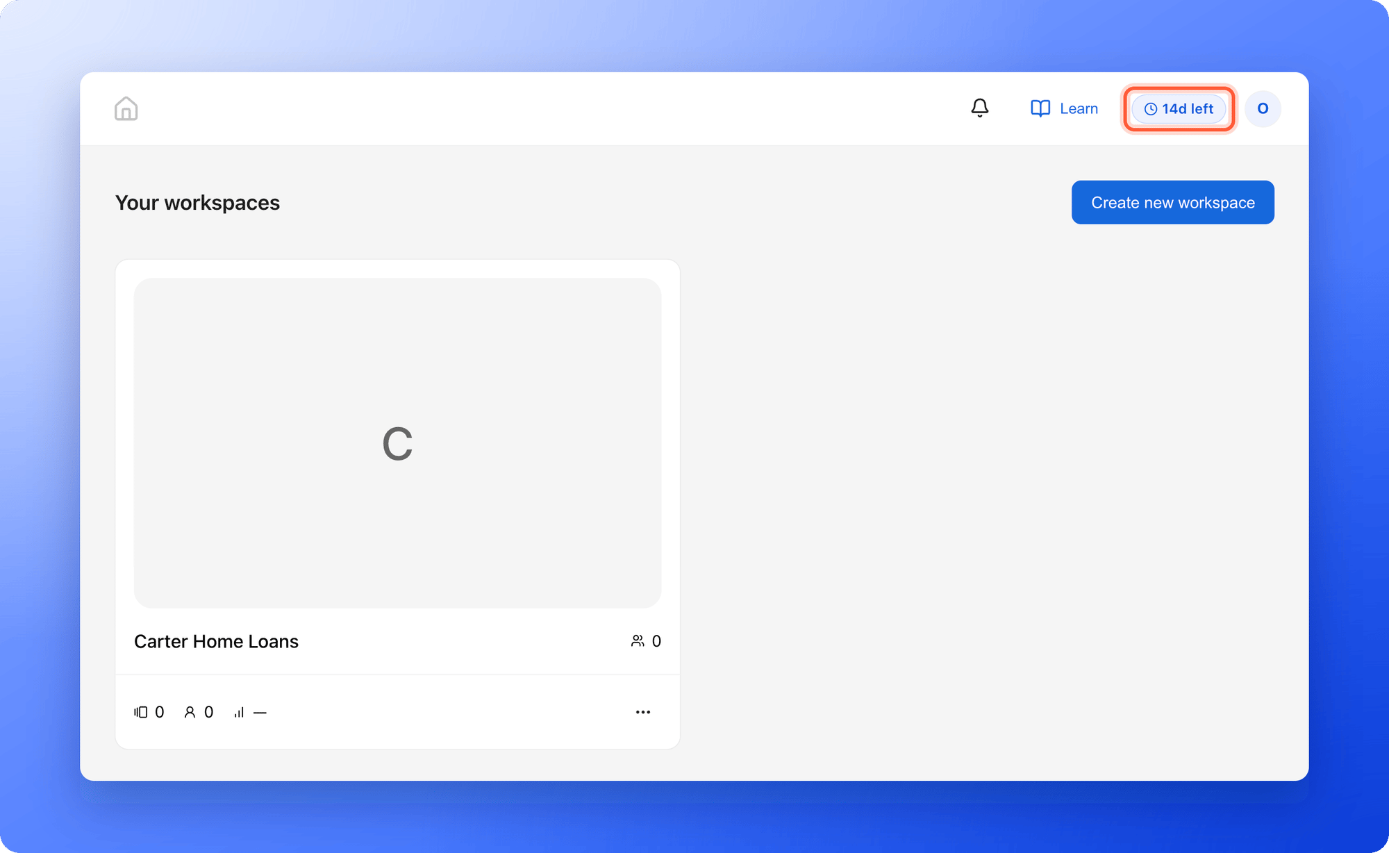 The Your workspaces page right after signing up, with the first workspace and the plan badge showing 14d left