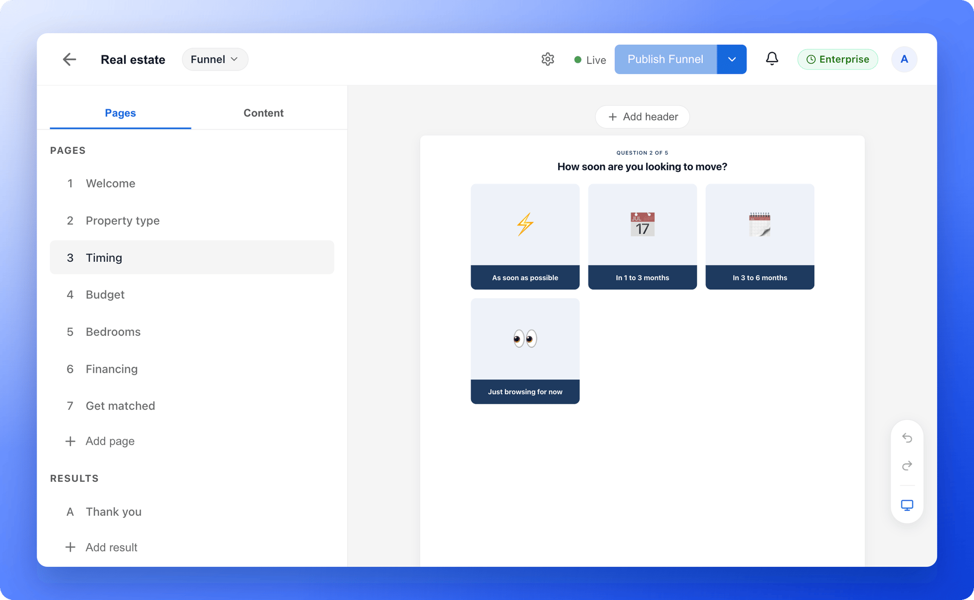 The funnel builder with the list of pages on the left and the Timing page selected on the canvas