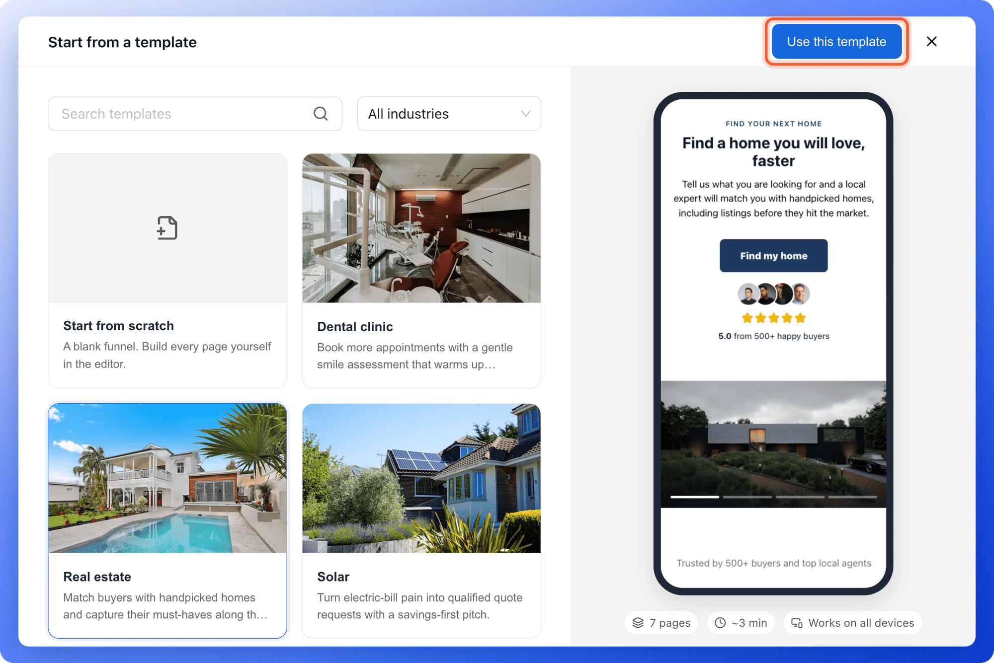 The template library with the Real estate template previewed and the Use this template button highlighted
