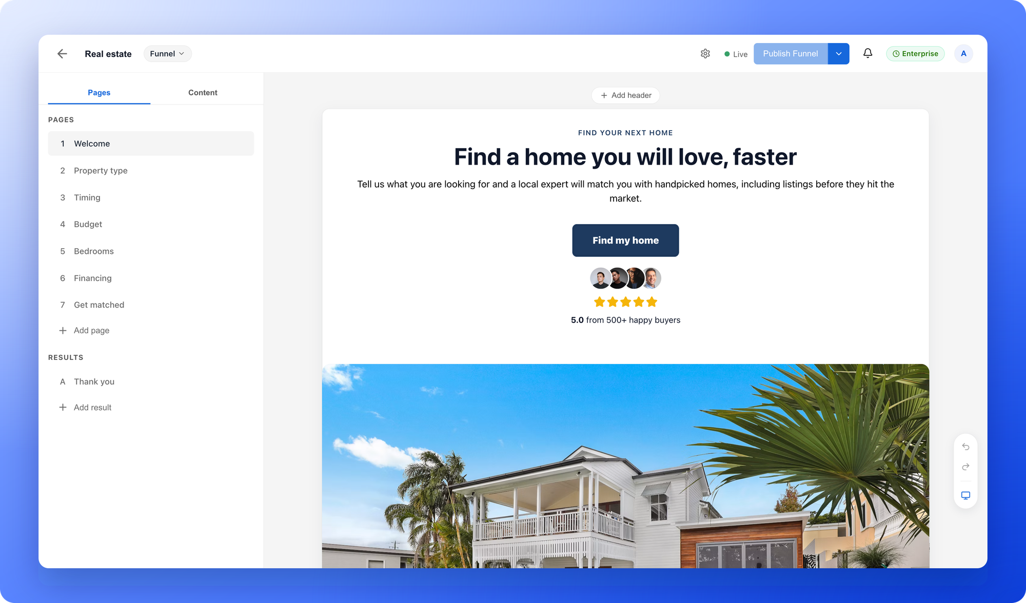 The AskFunnel builder with a real estate funnel open: the list of pages on the left and the welcome page with its headline, button and photo