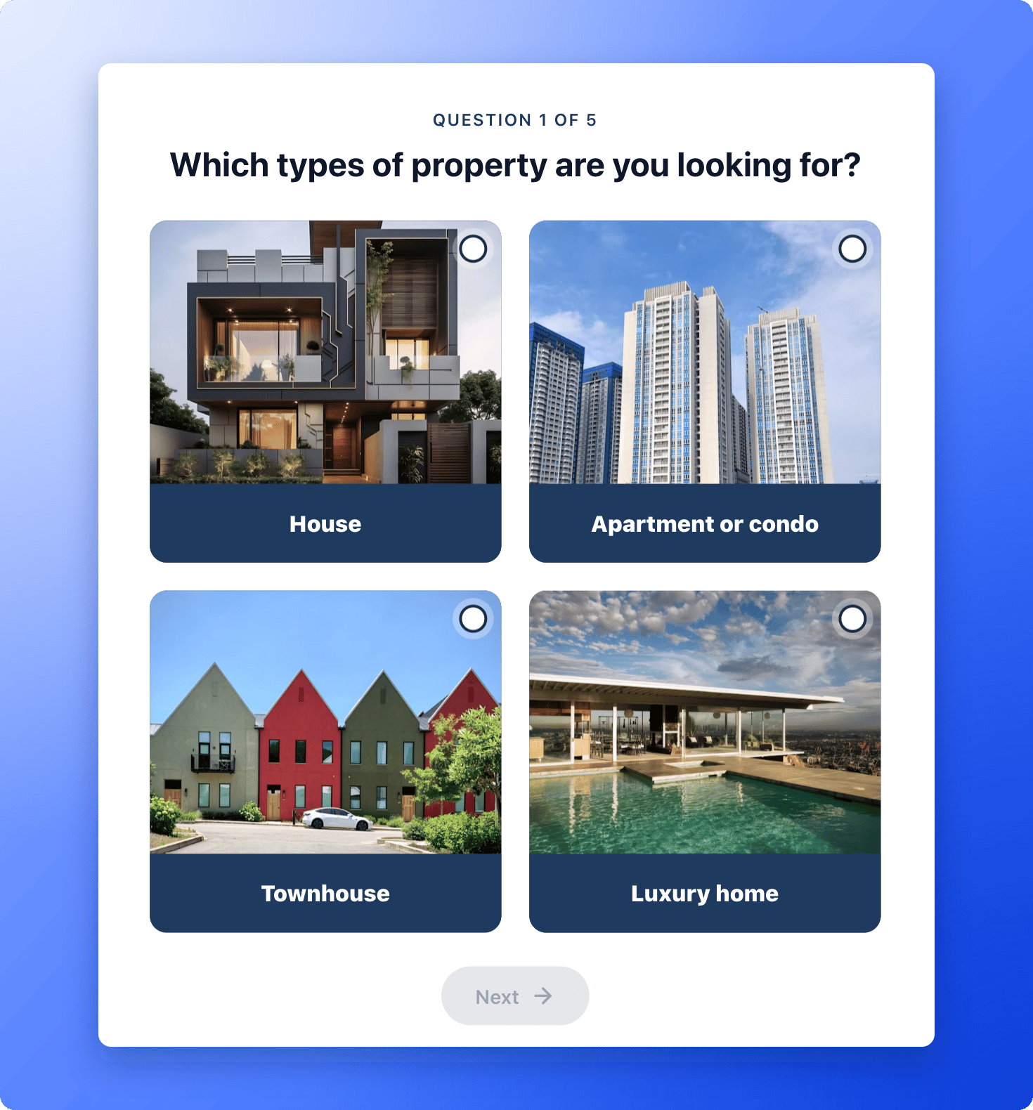 A funnel question with image answers, as a visitor sees it