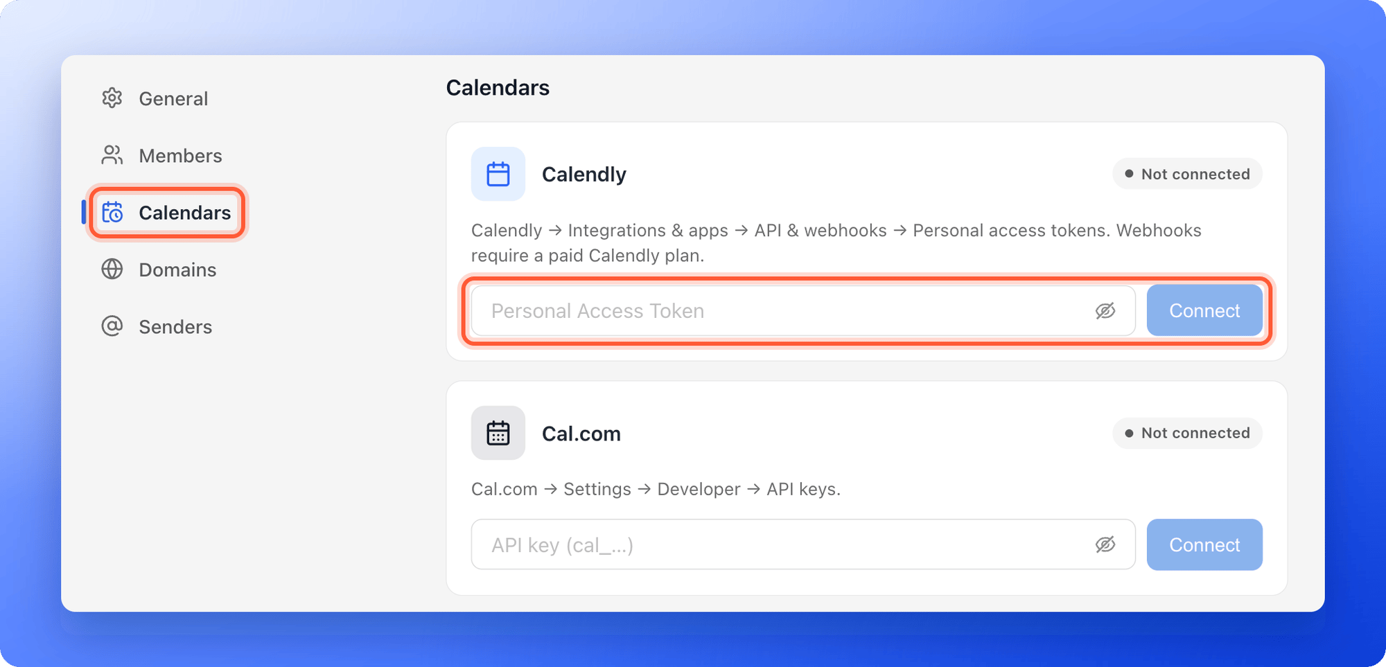 The Calendars settings with the Calendars menu item and the Calendly token field highlighted