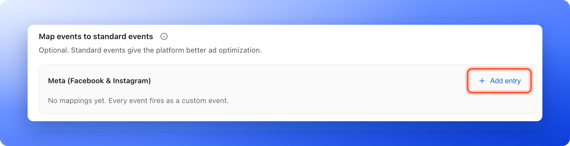 The Map events to standard events section of the Meta Pixel settings with no entries yet and the Add entry button highlighted