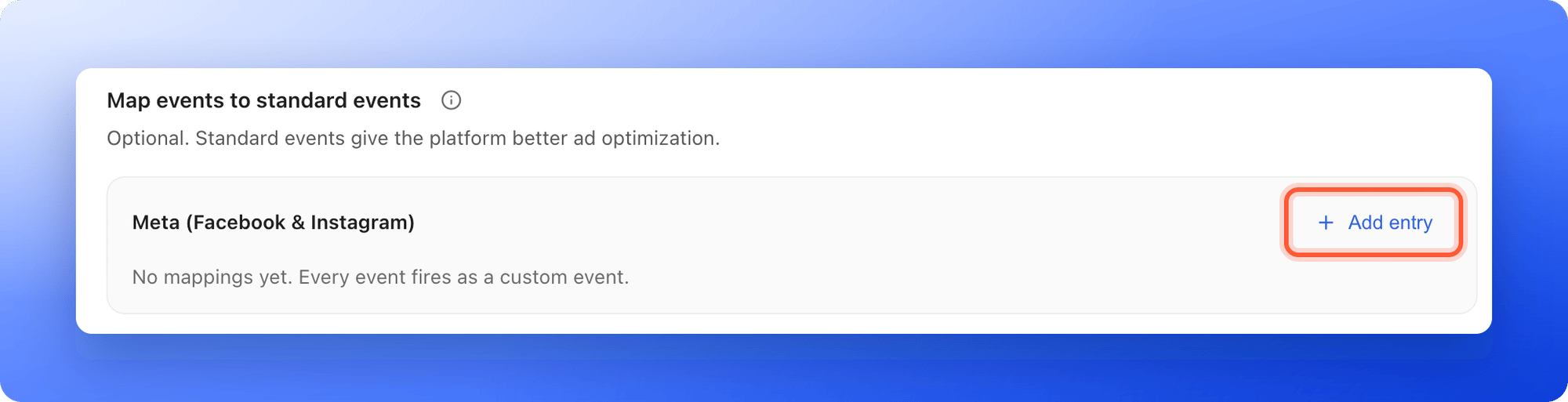 The Map events to standard events section of the Meta Pixel settings with no entries yet and the Add entry button highlighted