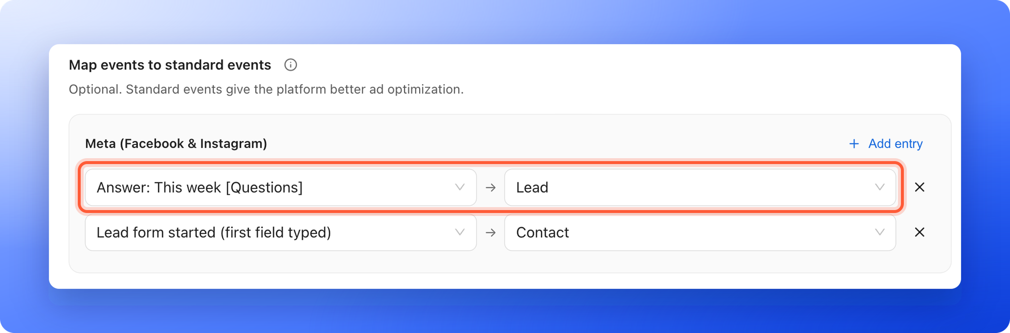 Two mapping entries, Answer: This week to Lead and Lead form started to Contact, with the two dropdowns of the first entry highlighted